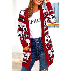 Red Christmas Elk Print Buttoned V Neck Knitted
Sweater